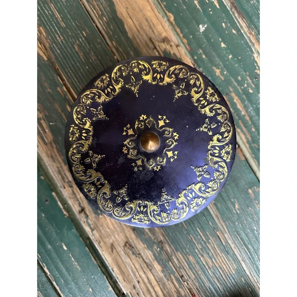 Vintage Cobalt Blue Gold Filigree Metal Canister Trinket Box with Lid Pedestal‎